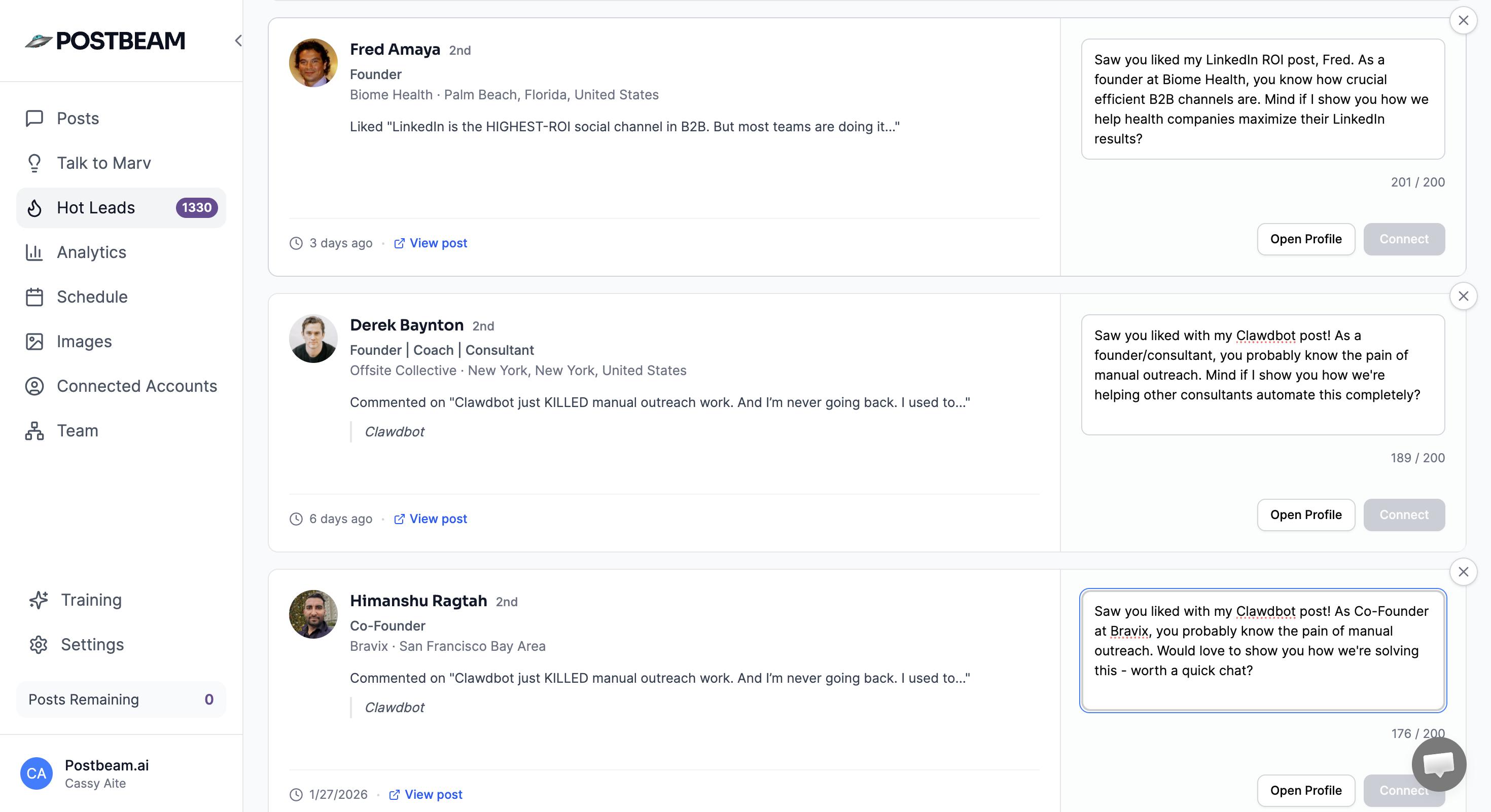 Postbeam Hot Leads dashboard showing Fred Amaya, Derek Baynton, and Himanshu Ragtah as warm leads